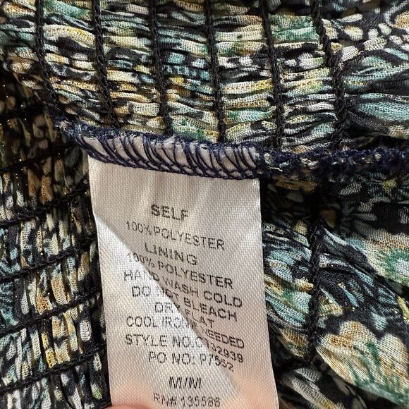 Mainstrip Blouse With Cinched Waist Puffy Sleeve Teal And Gold Flowers Med - Picture 5 of 6